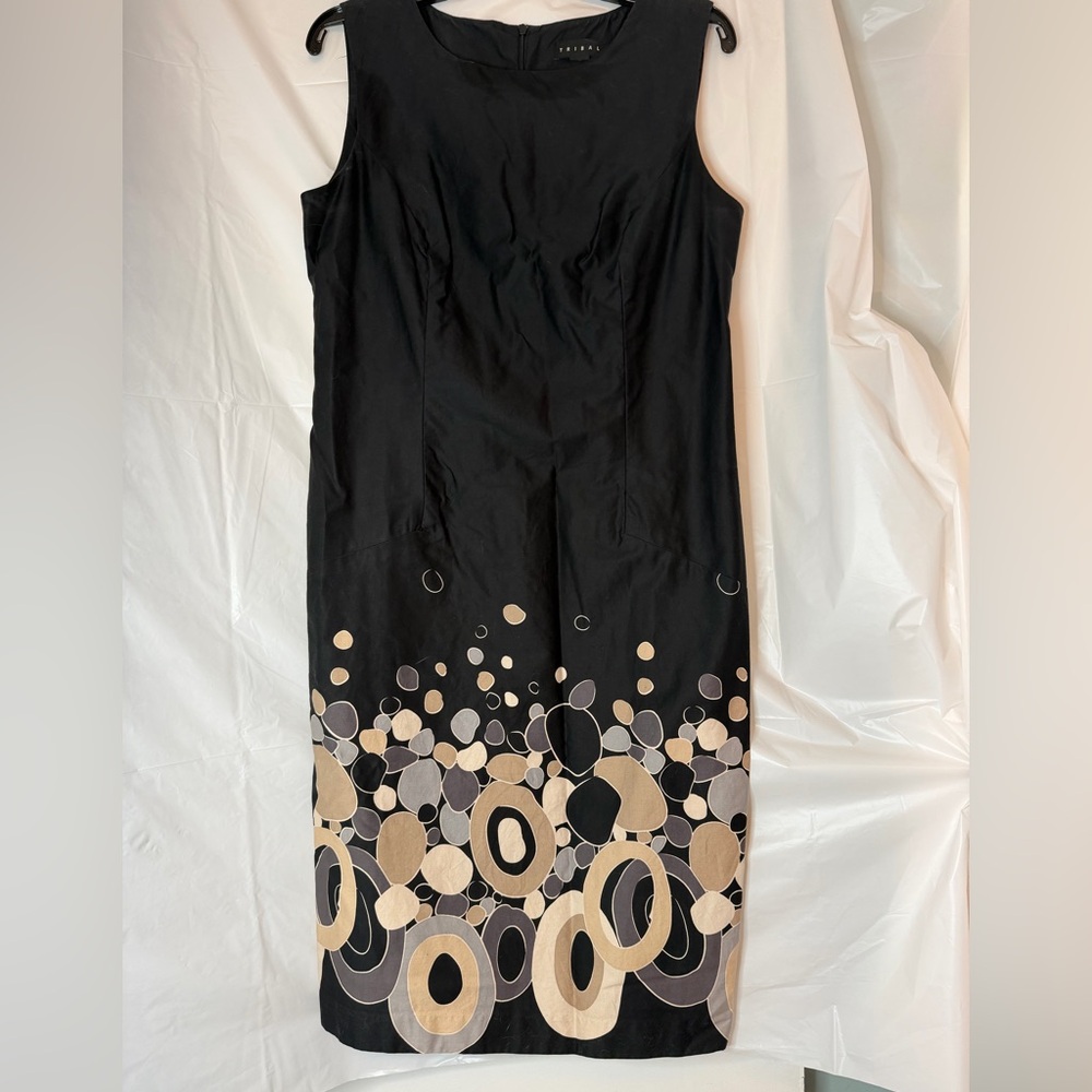 Cute Tribal Black Midi Dress with Beige and Gray Circle Print
